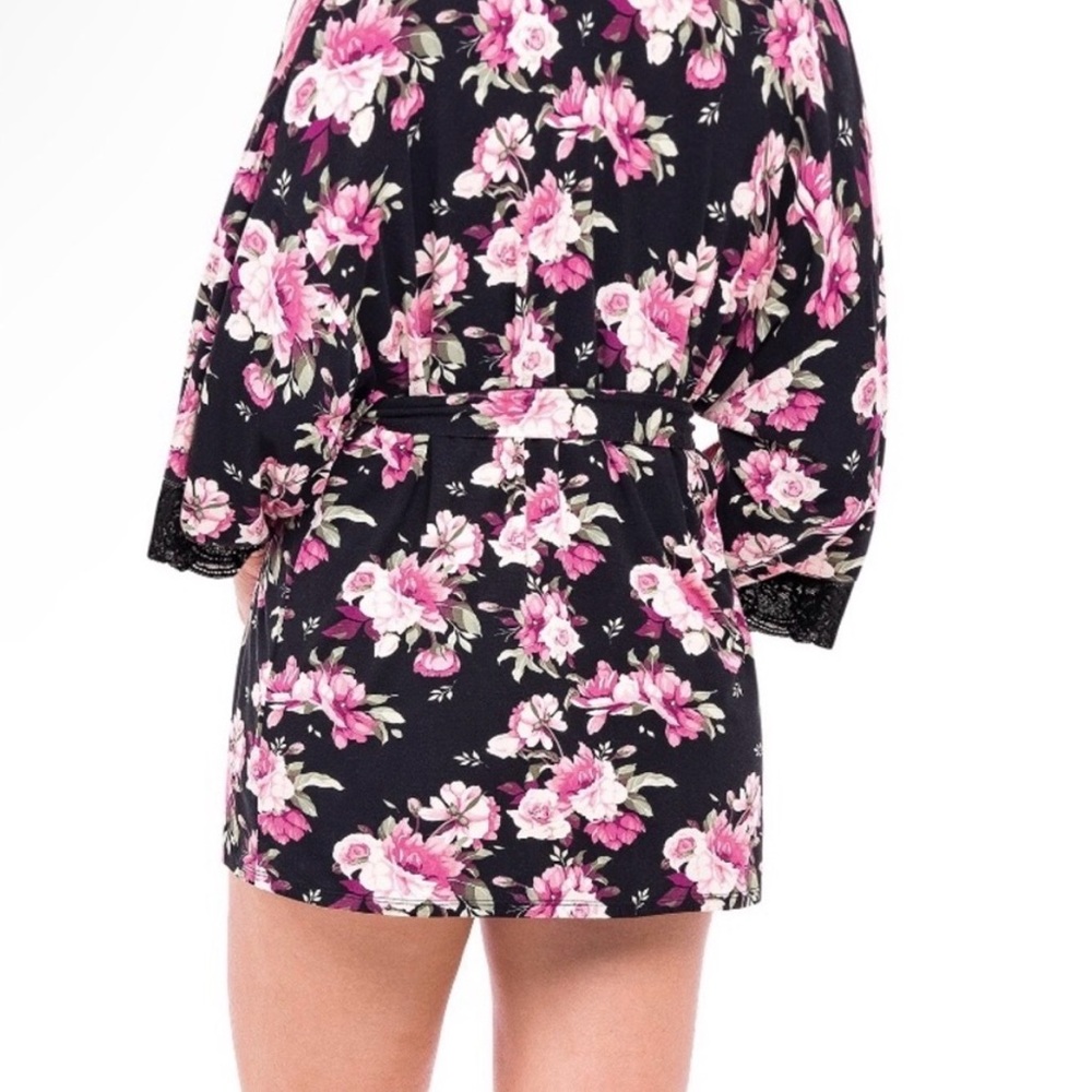 Secret Treasures Black Satin Robe with Pink Rose Print - Picture 2 of 3